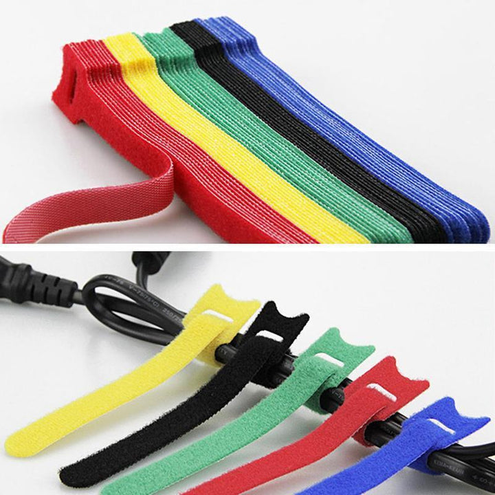 Organized messy drawer with multipurpose cable ties, showcasing effective cord management solutions.