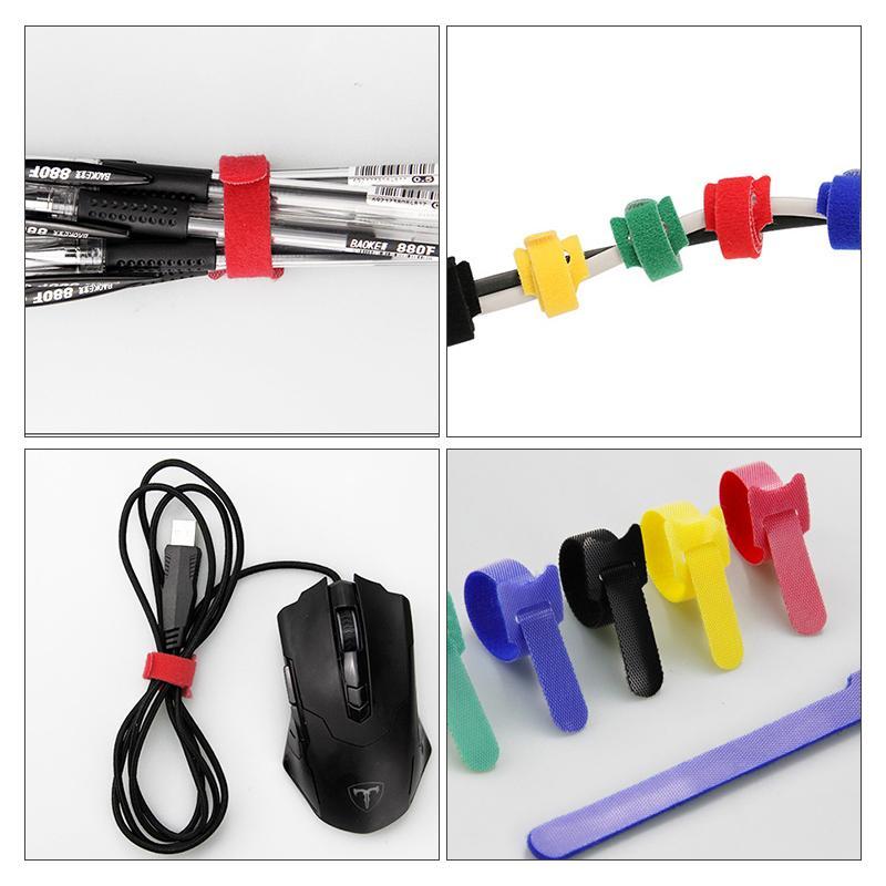 Reusable black cable tie cinching power cords, a practical tool for home and office organization.