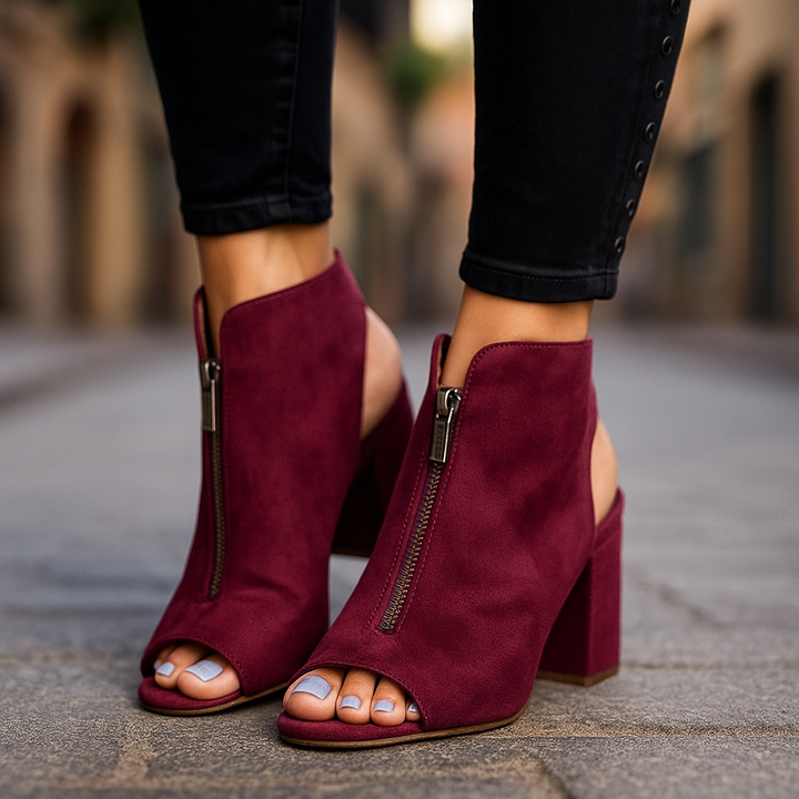 Burgundy block heel sandals for women with orthopedic support & open toe design for comfort