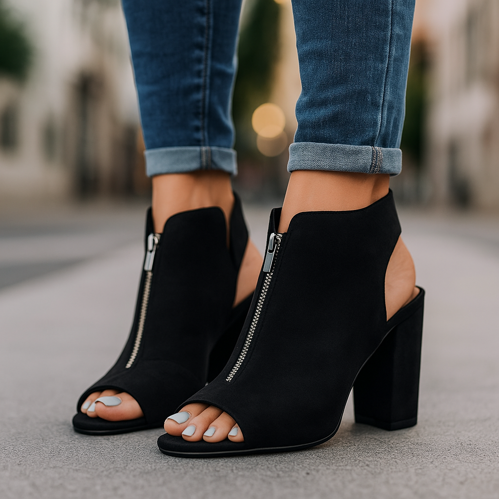 Black open-toe block heel sandals for women, featuring orthopedic support & fashionable design