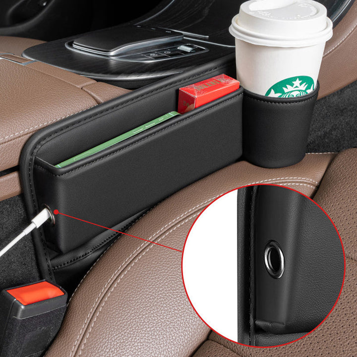 Car interior seat gap organizer with charging port, black leather, universal fit