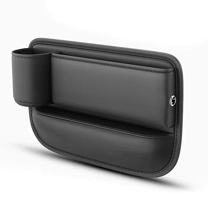 Black leather car seat gap organizer features smart charging port, keeps car essentials organized