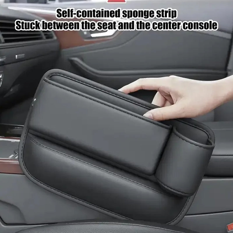 Premium leather car console organizer, prevents items from falling, includes charging functionality