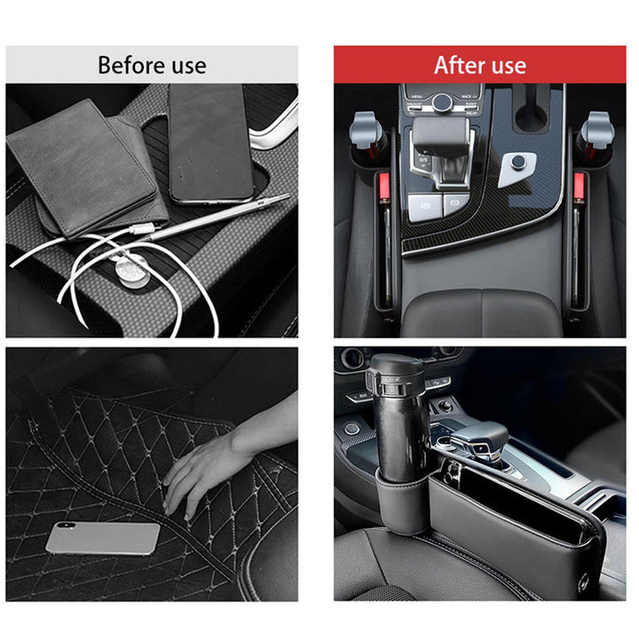 Two car seat gap organizers, one driver side, one passenger, featuring charging ports
