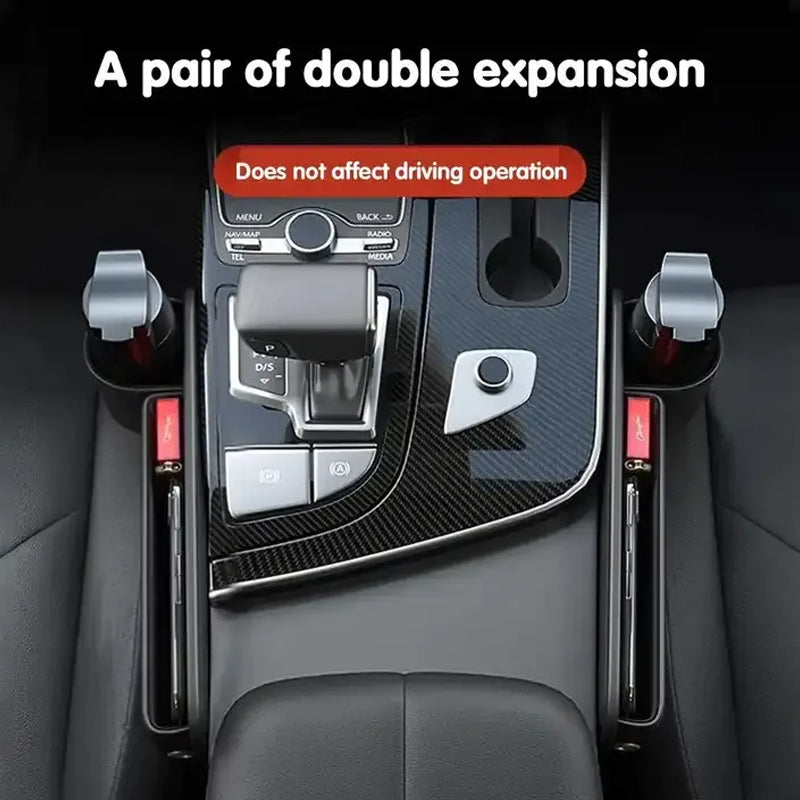 Detailed view of car seat gap organizer's charging port and ample storage compartment