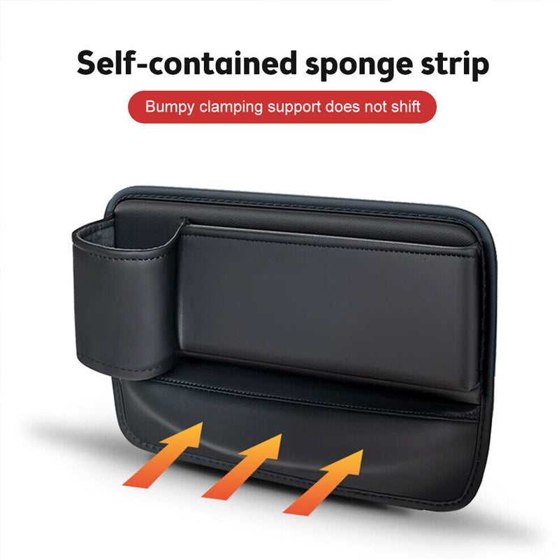 Car interior organizer in black, fits snugly between seat and console, with charging solution