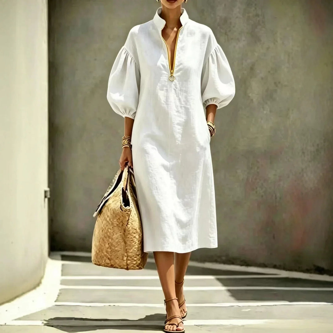 Comfortable women's casual midi dress featuring chic bubble sleeves, half-zip stand collar. Relaxed fit for daily wear.