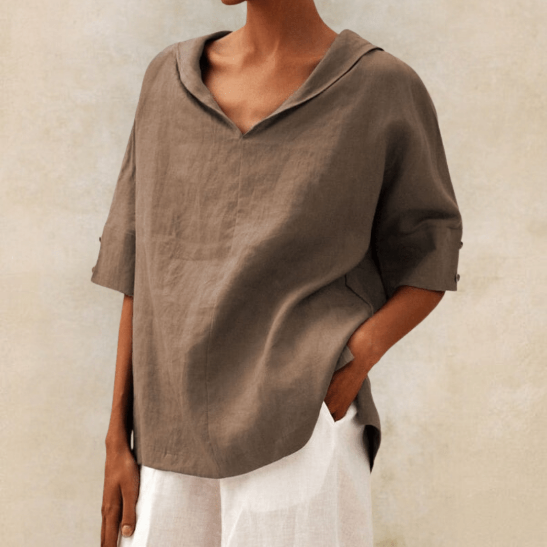 Effortless brown women's casual collared V-neck tunic top for comfortable everyday and summer fashion.