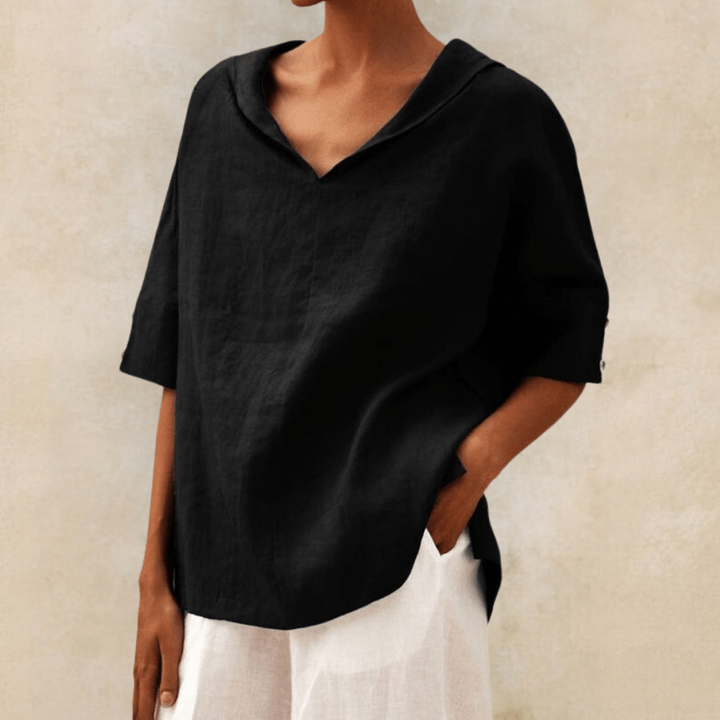 Stylish black women's casual collared V-neck tunic top, a comfortable and versatile short sleeve blouse.
