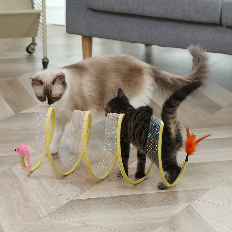 Overhead view of an interactive cat tunnel with playful feathers, showcasing its engaging design.