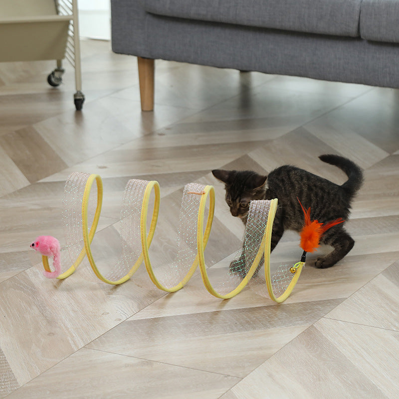 Foldable cat tunnel with feather toy, for hours of engaging play and pet enrichment.