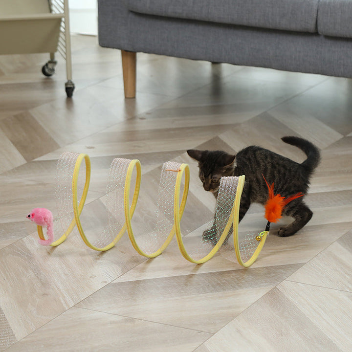 Foldable cat tunnel with feather toy, for hours of engaging play and pet enrichment.