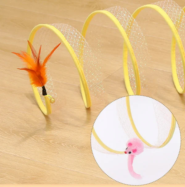 Durable cat play tunnel with soft feathery toys, perfect for hiding, chasing, and pouncing.