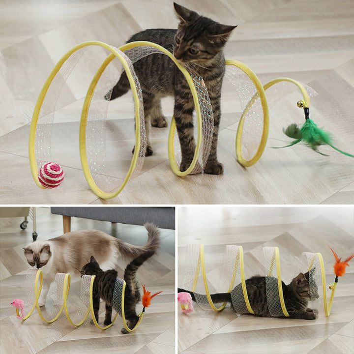 Two cats playing together in a spacious foldable tunnel, enjoying the feather toys.