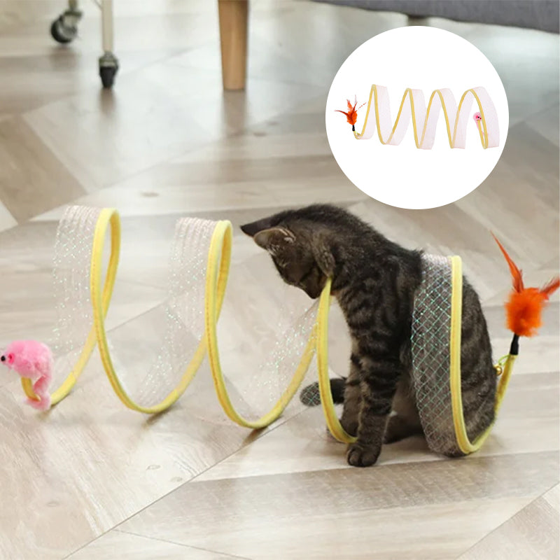 Interactive cat tunnel made from crinkly material with vibrant feather accents, stimulating senses.