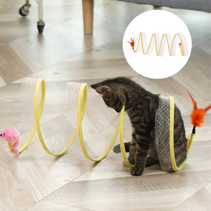 Interactive cat tunnel made from crinkly material with vibrant feather accents, stimulating senses.