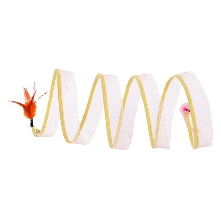 Foldable cat tunnel showing its compact form for easy storage, with feather toys visible.