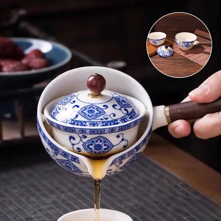 Ceramic 360° rotation tea maker and infuser pot with delicate floral design, perfect for brewing loose leaf tea.