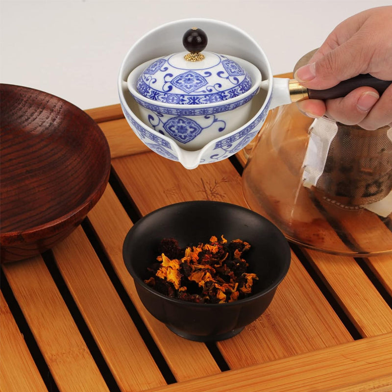 Artistic ceramic tea infuser pot with a vibrant floral motif and smooth 360° rotation feature for easy use.