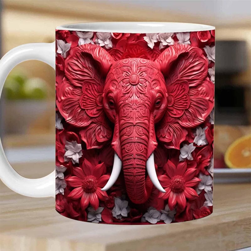 Elegant elephant print coffee cup, 12 oz, suitable for hot beverages. Keywords: elephantmug, drinkware, officemug.