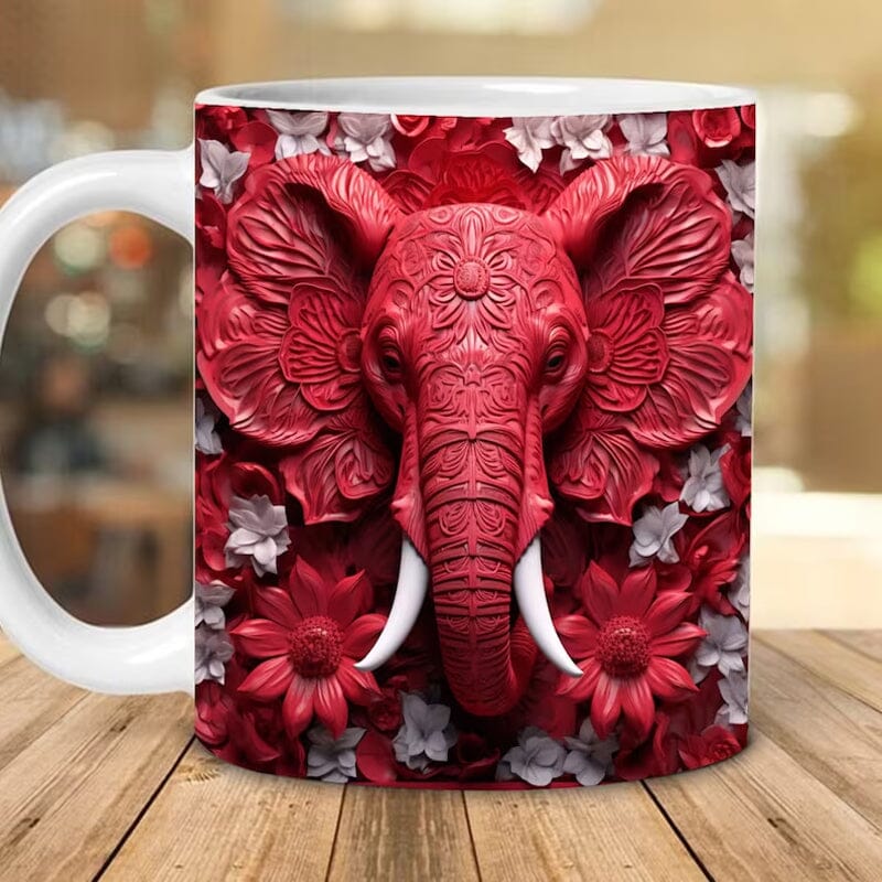 High-quality ceramic coffee cup, 12 oz, showcasing a vibrant elephant print. Keywords: elephantmug, coffeecup, giftmug.