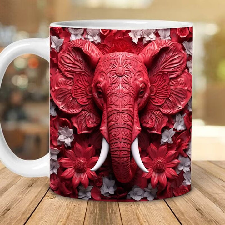 High-quality ceramic coffee cup, 12 oz, showcasing a vibrant elephant print. Keywords: elephantmug, coffeecup, giftmug.