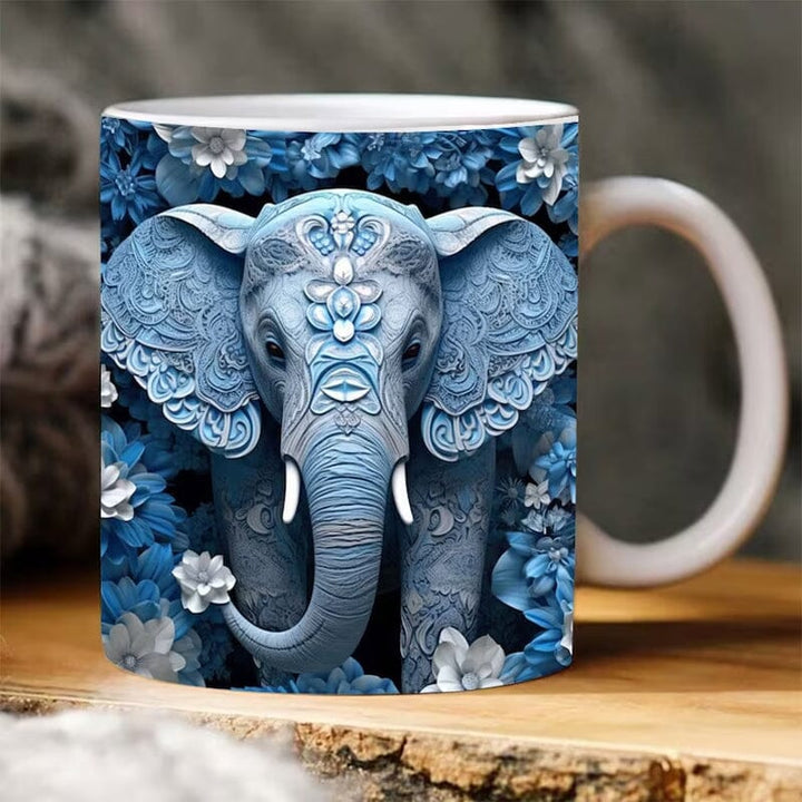 Elephant patterned ceramic mug, 12 oz, great for daily use or as a decorative item. Keywords: ceramicmug, officemug, animalprint.