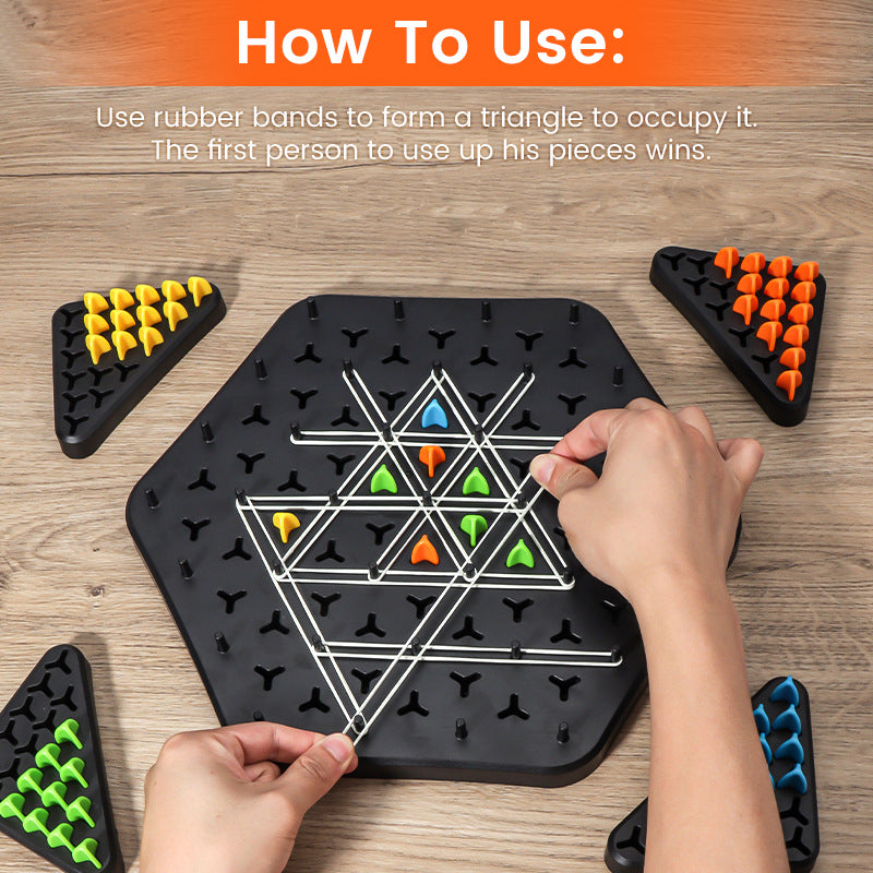 Overhead view of Chain Triangle strategy game in progress, with multiple colored triangles