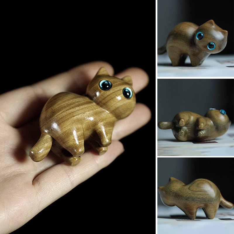 Charming hand-carved wooden cat figurine, a unique animal sculpture for home decor