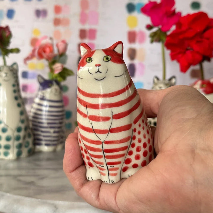Whimsical polka dot cat vase, ceramic flower holder, adds playful touch to any room table decor