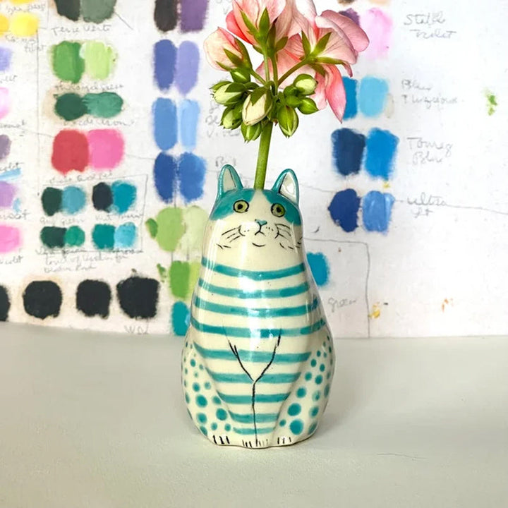 Artistic polka dot cat vase, made from ceramic, a eye-catching animal decor item for flower arrangements