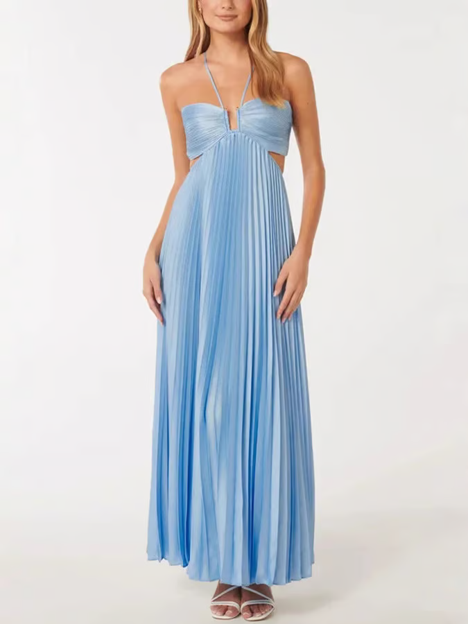 Formal blue cutout pleated maxi dress, a sophisticated choice for evening wear and special occasions.
