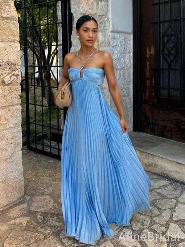 Elegant blue maxi dress featuring pleats and cutout, versatile for formal events, parties, and wedding guests.