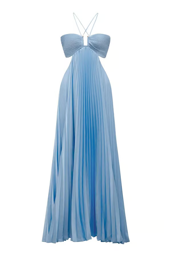Sophisticated blue pleated cutout maxi dress for women, ideal as a wedding guest, evening, or party dress.