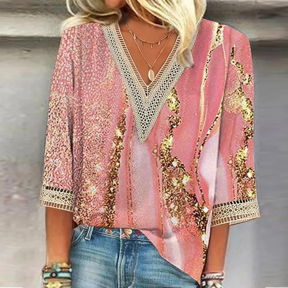 Chic pink V-neck blouse for women. Lightweight summer top with a relaxed fit, perfect for elegant casual wear.