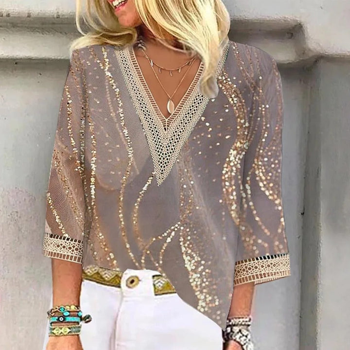 Stylish women's gold V-neck blouse. Comfortable, lightweight summer shirt for effortless chic style & casual comfort.