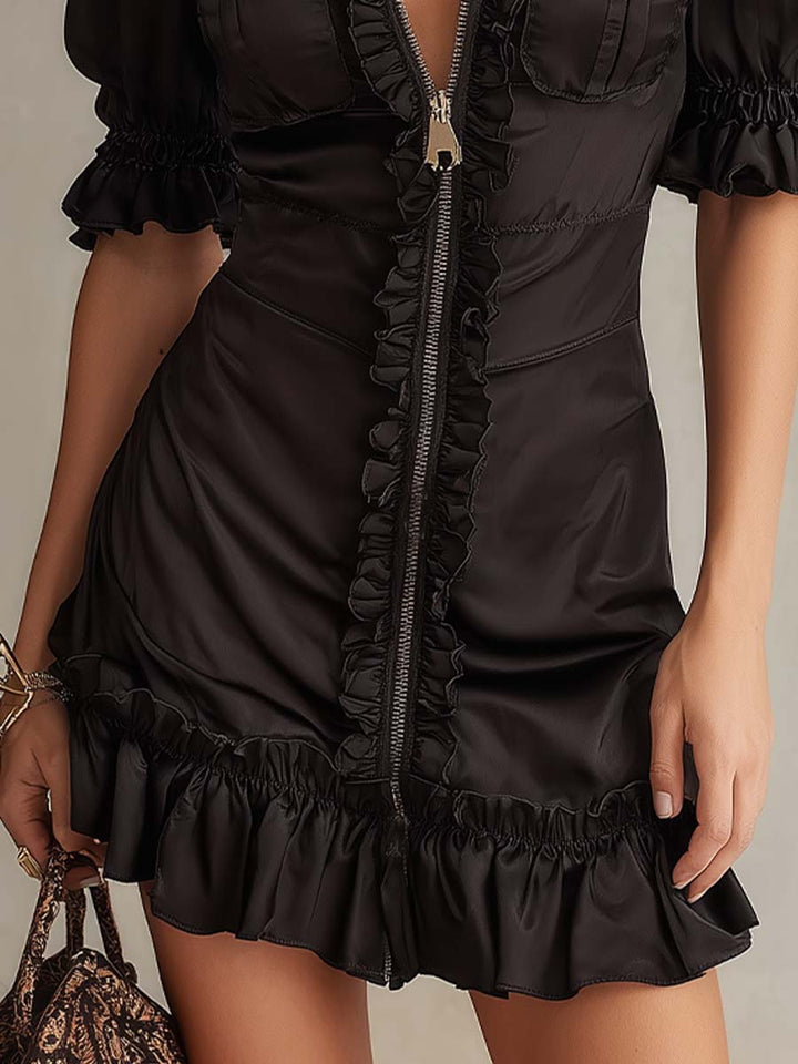 Flattering women's black ruffle mini dress, zip-front style, great for a stylish evening look.