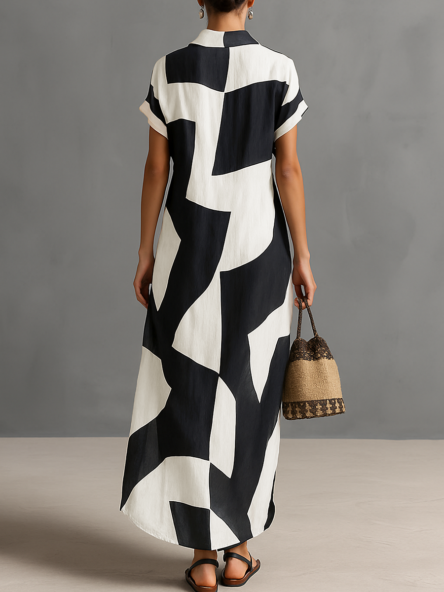 Stylish geometric pattern color block maxi shirt dress for women, featuring a lapel collar and button-front.