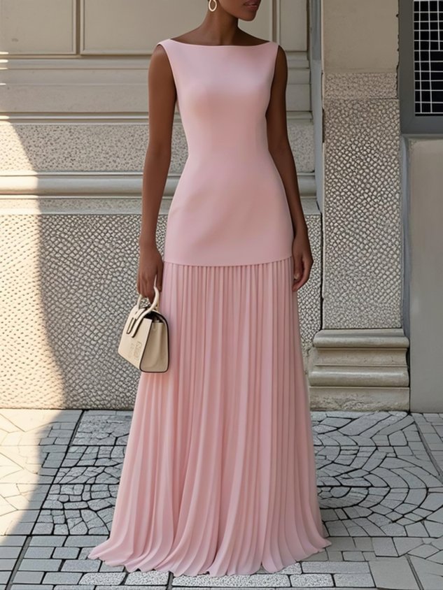Elegant pleated boat-neck maxi dress for wedding guests. Sleeveless formal evening gown for special occasions.