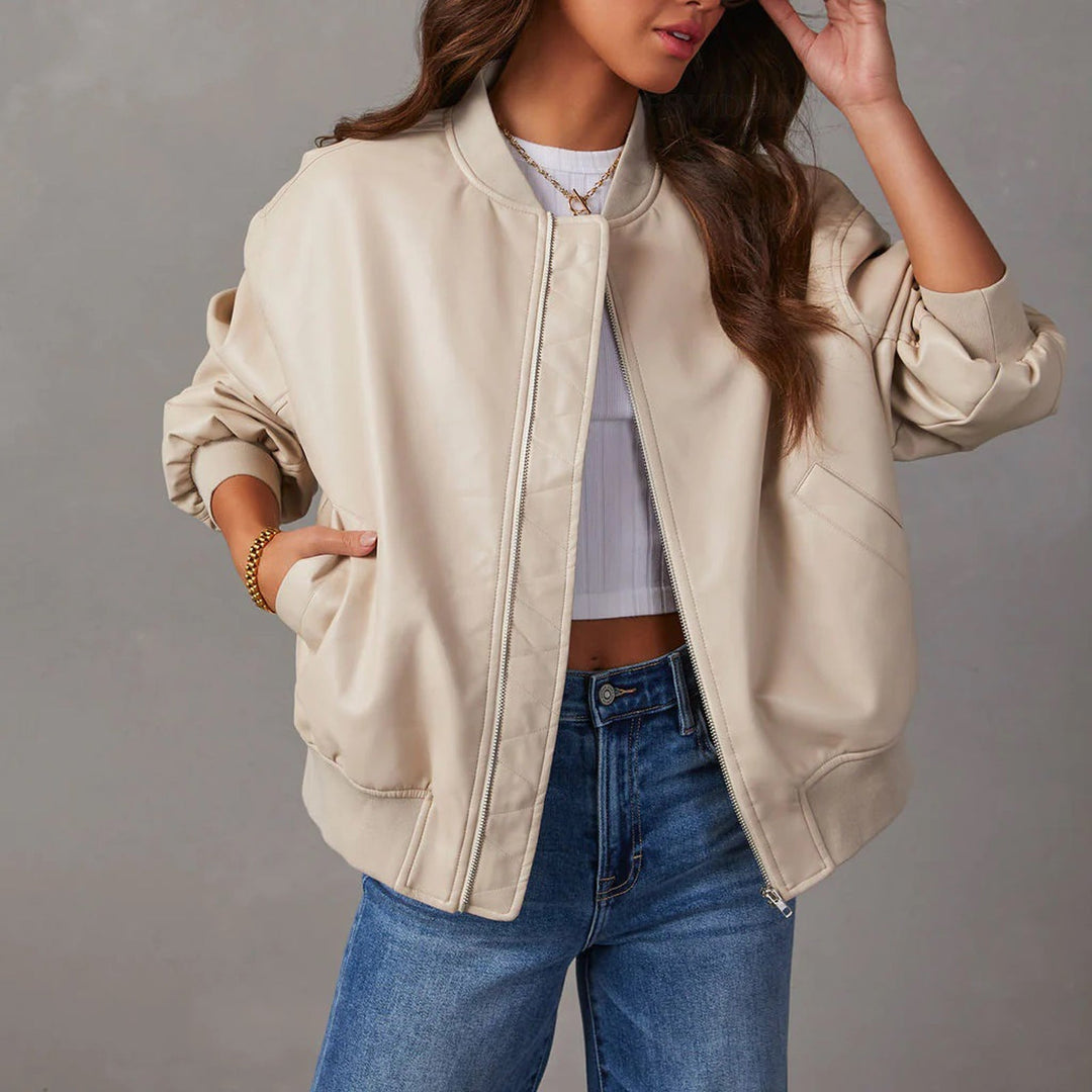 Women's zip-up bomber jacket, a stylish & casual piece for versatile everyday fashion outerwear.
