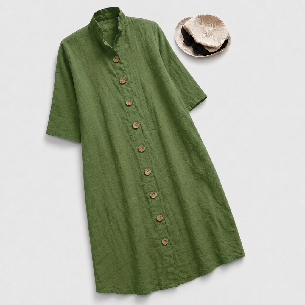 Modern women's button-down midi dress with a chic layered hem, a versatile and comfortable shirt dress.