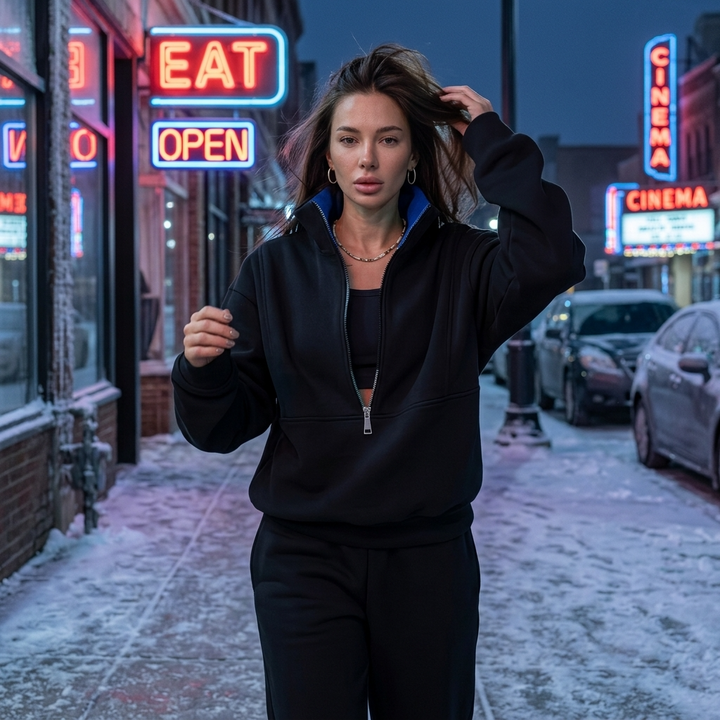 Chic women's half-zip pullover & high-waisted jogger sweatsuit. Comfortable two-piece loungewear for athleisure.