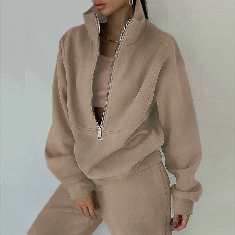 Comfortable high-waisted joggers for women, part of a chic two-piece sweatsuit, ideal for cozy loungewear.
