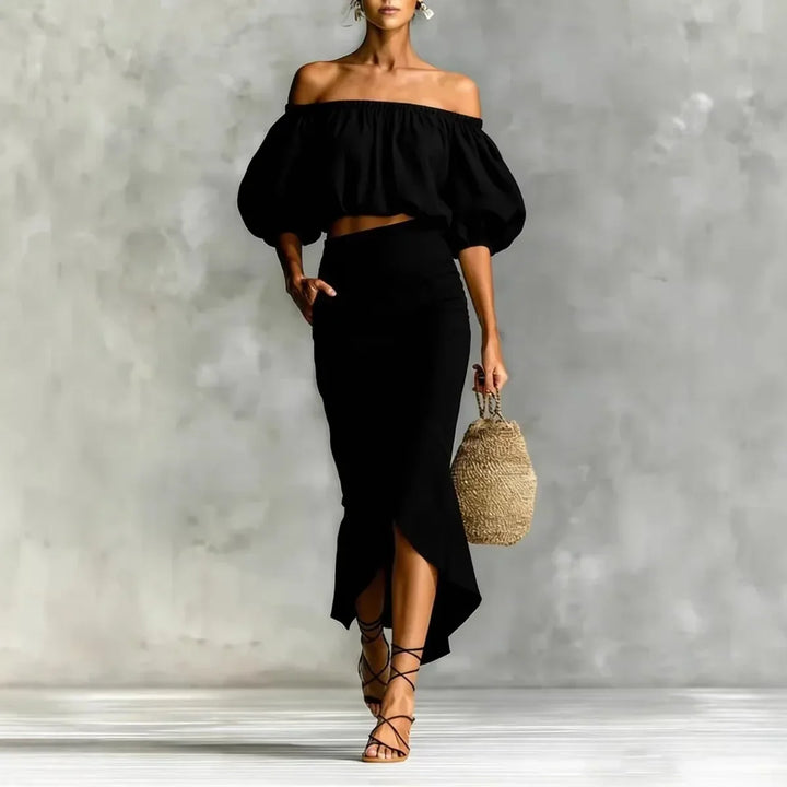 Stylish women's off-shoulder skirt set, featuring a puff sleeve top and a trendy wrap midi skirt for casual chic.