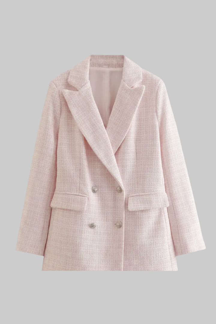Elegant women's pink tailored blazer, ideal for professional office wear & chic smart casual ensembles. Feminine outerwear.