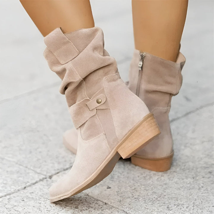 Chic women's ruched ankle boots with cushioned comfort, perfect for everyday wear & versatile fall style.