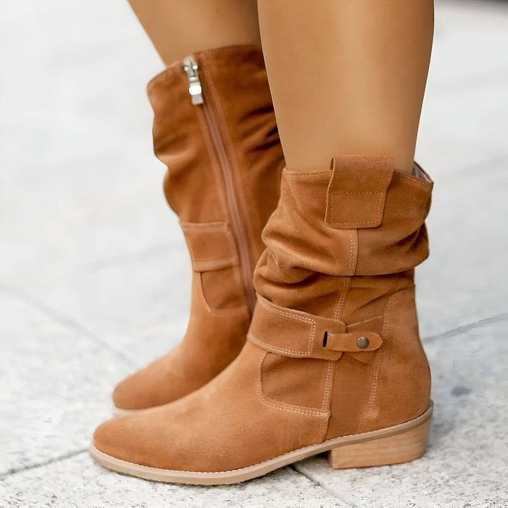 Stylish women's ruched ankle boots with convenient side zip, ideal for casual fall & winter fashion.
