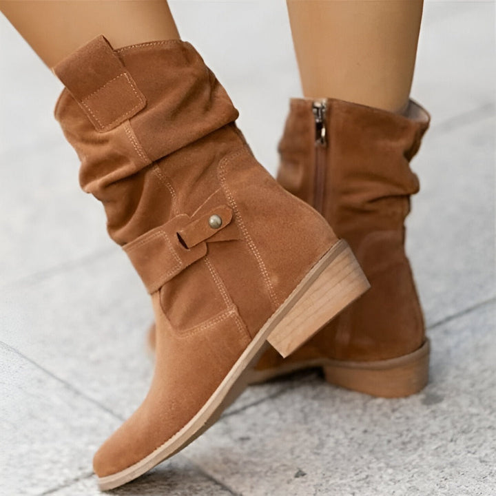 Women's ruched ankle boots, featuring cushioned soles, a convenient side zip, and versatile chic styling.