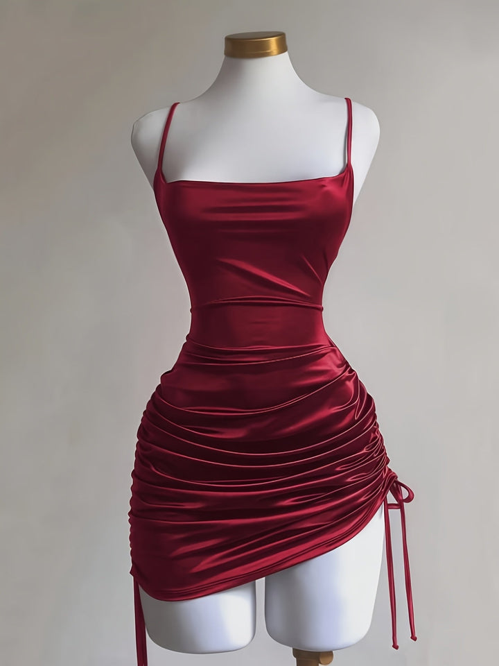 Chic women's ruched drawstring mini homecoming dress, perfect for parties & special evenings.