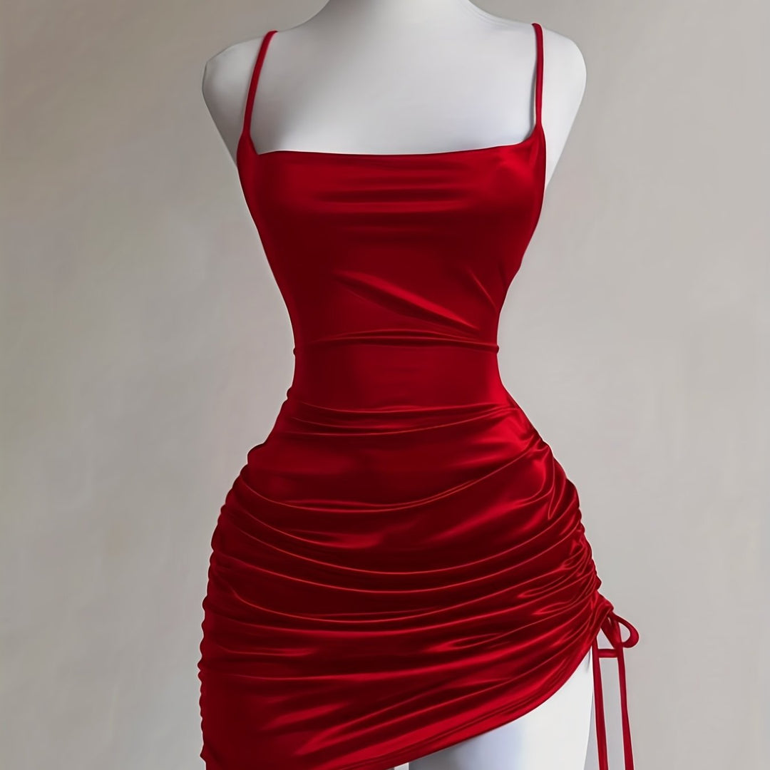 Square neck sleeveless ruched mini homecoming dress, a chic and adjustable party wear for women.